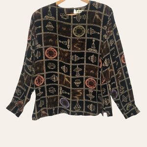 CINQ BLOUSE, BROWN Pattern, Silk size L